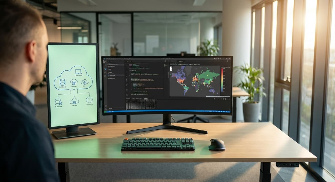 Daten-Engineer am Stehschreibtisch mit Databricks-Notebook und Azure-Architektur auf gebogenen Monitoren