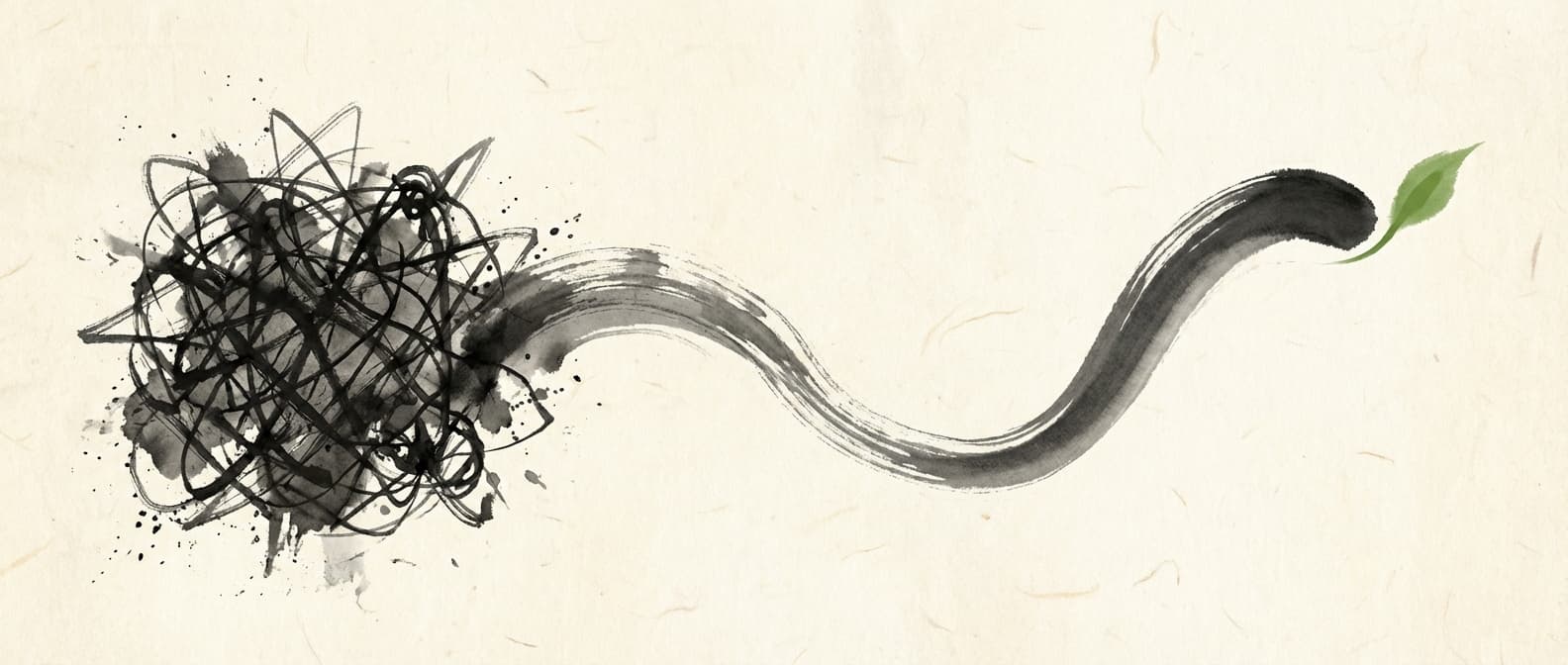 Japanische Tintenillustration zeigt Umwandlung von verworrenen Legacy-Codes zu sauberer moderner Implementierung