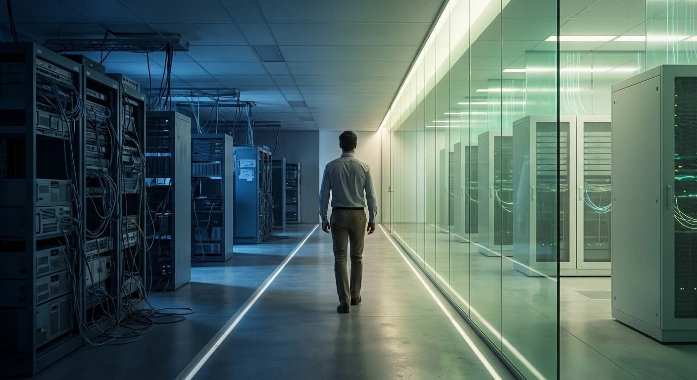 GIS-Team pruft Migrationsplane auf mehreren Monitoren mit Netzwerktopologie