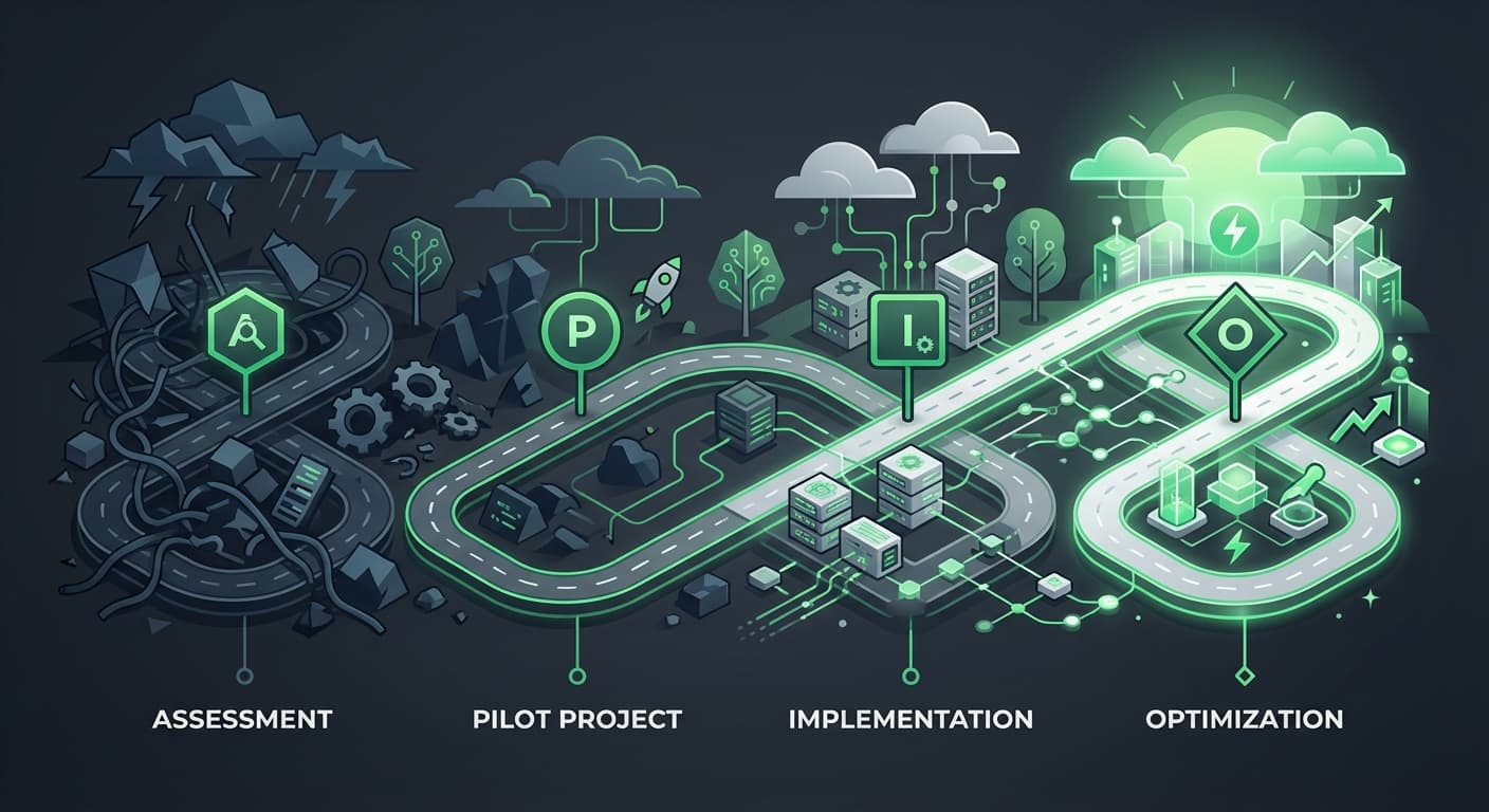 Stilisierte Illustration mit mehreren Migrationspfaden, die von einem zentralen Entscheidungspunkt ausgehen