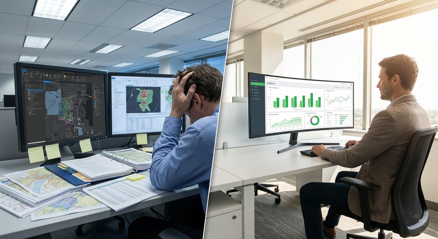 Vorher-Nachher-Transformation: unübersichtlicher Analyst-Arbeitsplatz mit Karten und Tabellen wird zu sauberem automatisiertem Dashboard