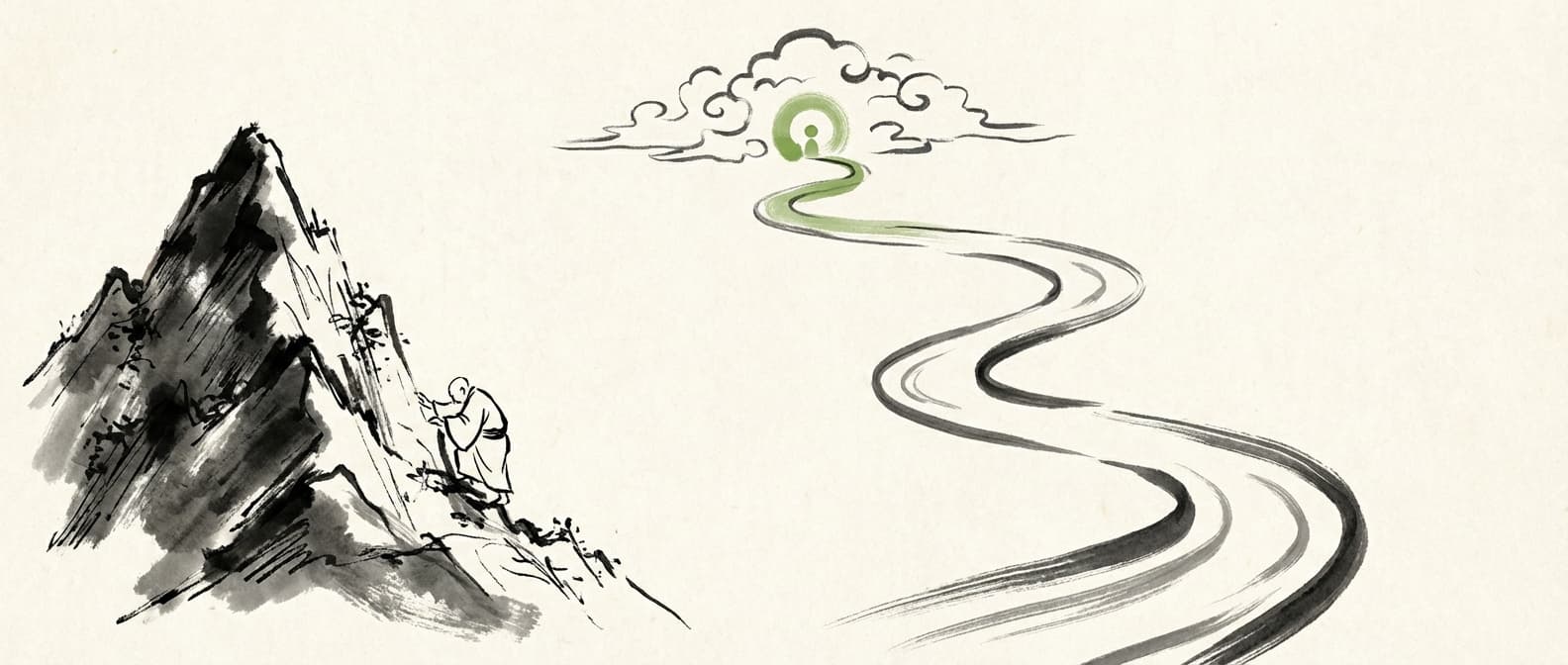 Japanische Tuscheillustration, die den muhsamen Bergaufstieg mit dem fliebenden Flussweg zum selben Ziel kontrastiert