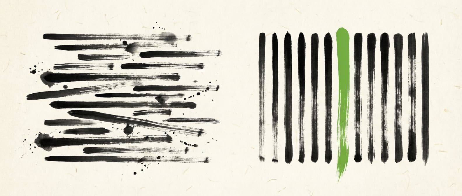 Japanische Tuscheillustration zeigt chaotische zeilengebundene Daten gegenüber geordnetem spaltengebundene Speicherung