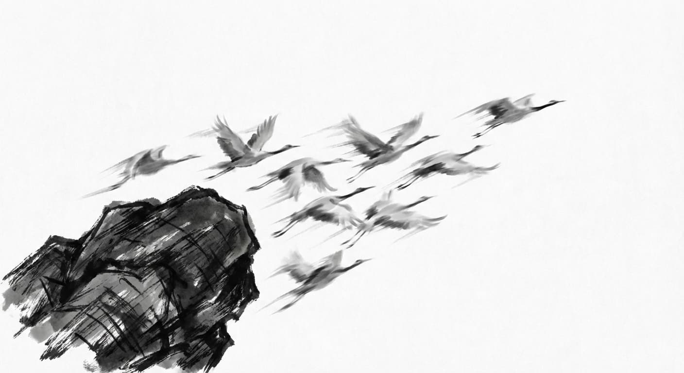 Sumi-e-Tintenmalerei von Kranichen, die an einem schweren unbeweglichen Felsen vorbeifliegen - Chancen, die vorbeigehen