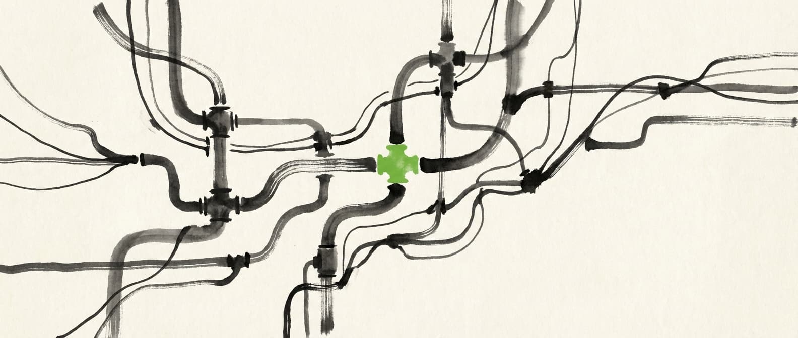 Sumi-e Tuschezeichnung einer vernetzten Versorgungsinfrastruktur - Rohre, Kabel und Netzwerkknoten bilden ein komplexes Geflecht